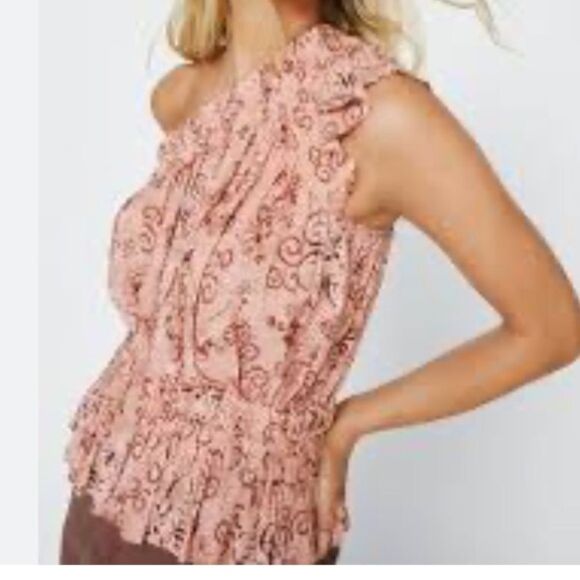 Nasty Gal Paisley‎ Printed Crinkle One Shoulder Crop Top Red Size 10 Nwt - Picture 1 of 8